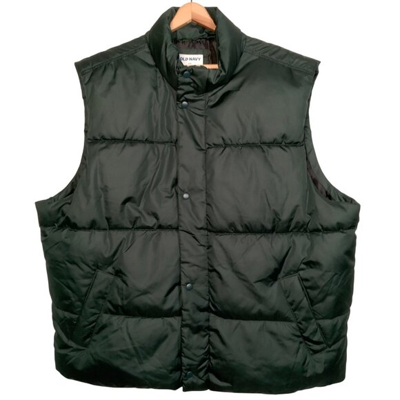 Old Navy Puffer Vest Men XXL Forest Green Jacket Snap Zip Up Recycled - Picture 1 of 11